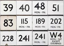 Selection (12) of London Transport bus stop enamel E-PLATES for Central Bus routes 39, 40, 48 Mon-