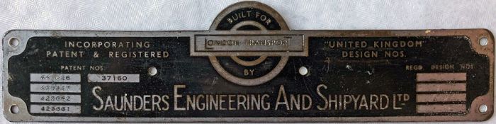 London Transport 1940s/50s RT bus BODYBUILDER'S PLATE for Saunders Engineering and Shipyard Ltd from