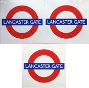 Trio of London Underground PLATFORM ROUNDEL SIGNS from Lancaster Gate station on the Central Line.