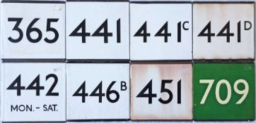 Selection (8) of London Transport bus/coach stop enamel E-PLATES comprising 365, 441, 441C, 441D,