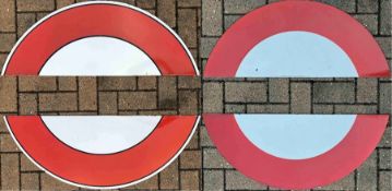 Two pairs of London Underground enamel 'HALF-MOONS' from platform bullseye or roundel signs. One