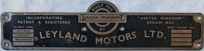 London Transport bus BODYBUILDER'S PLATE for Leyland Motors Ltd from one of the 500 RTW-type Leyland