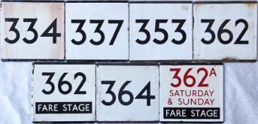 Selection (7) of London Transport bus stop enamel E-PLATES comprising 334, 337, 353, 362, 362 Fare