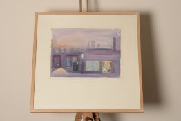 Water colour of night scene barber's shop. Indistinctly signed