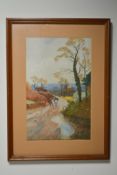 Water Colour Of Country Lane With Horses. 1916