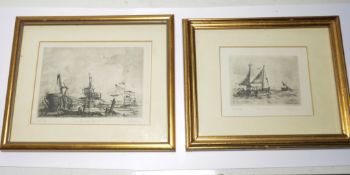 Pair Of French Ltd Edition Signed Ink And Graphite Dry Point Etchings Of Fishing Boats