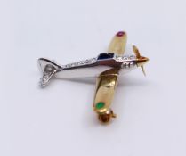 Diamond & Semi Precious Stone Set Gold Aeroplane Brooch