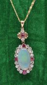 Opal Diamond & Ruby Pendant on 14ct Gold Chain