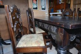 Jacobean Style Oak Refectory Table With Carved Derbyshire Chairs.