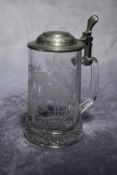 Vintage Etched Glass Elk Stein Glass Beer Stein With Pewter Lid