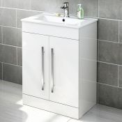 (AA75) 600mm Avon High Gloss White Basin Cabinet - Floor Standing. RRP £499.99. Comes complet...