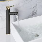 (AA119) Valletta Black & Gold Countertop Basin Tap Contemporary smooth matte black finish with...