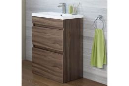 (XL122) 600mm Trent Walnut Effect Double Drawer Basin Cabinet - Floor Standing. RRP £499.99. C...