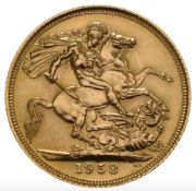 1958 - Full Gold Sovereign - Elizebeth Young Head - London