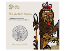 The Lion on England 2017 queens beast £5 Brilliant Uncirculated