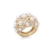 Chanel 18k Yellow Gold Cultured Pearl Baroque Matelassé Ring