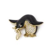 Garrard 18k Yellow Gold Enamel & Diamond Vintage Penguin Brooch