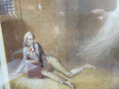 An early 20thC allegorical scene, imprisoned man with a ghost watercolour