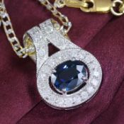 14K White Gold Blue Sapphire & Diamond Pendant Necklace