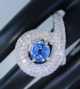 14 K / 585 White Gold Blue Sapphire & Pink Diamond Ring