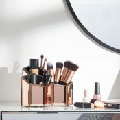 (NN99) Rose Gold Mirrored Trio Pot Keep makeup brushes, hairbrushes, and beauty products neat ...