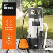 (NN17) 1100W Water Pump with 8m Hose Drains water rapidly at a max rate of 15000L/H Ideal for...