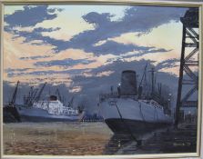 MOORE, LARGE SHIPS DOCKED AT SUNSET, dated 77