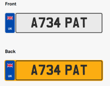 A734 PAT. Private vehicle registration number plate, ready to transfer to new owner