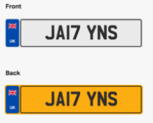 JA17YNS. Private vehicle registration number plate, ready to transfer to new owner