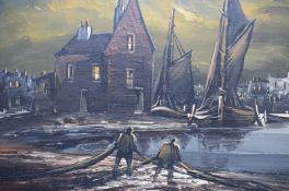 Vintage Oil Painting Of Fishermen Pulling In Nets, Signed Elliott
