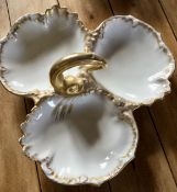 Limoges Nantes France Hors-d'œuvre dish vintage gilded white 3 compartment
