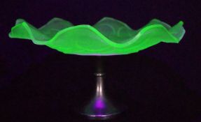 Uranium Vaseline Pressed Glass Cake Stand Floral Leaf Decoration Chrome Base