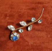 Vintage Diamante & Sapphire Coloured Blue Stone Flower Spray Brooch