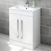 (UR86) 600 mm White Gloss Vanity Sink Unit Ceramic Basin Bathroom Storage Furniture. RRP £499....