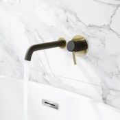 (DE107) Valletta black and gold wall mounted sink tap. 1/4 turn ceramic disc technology Laser...