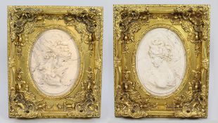 Pair of Ornate Decorative Gilt Framed Marble Relief Plaques