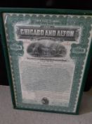 Framed 1899 Chicago & Alton Railroad Bond Certificate