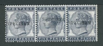 Great Britain - Surface Printed 1881 5d indigo strip of three each handstamped 
