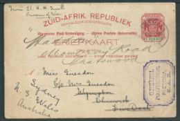 Boer War 1900 (May 3) Transvaal 1d reply card (with reply half still attached) to New South Wales