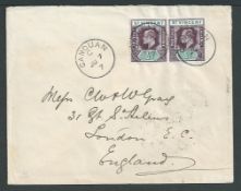 Saint Vincent 1907 Cover to London franked KEVII 1/2d pair each cancelled by 