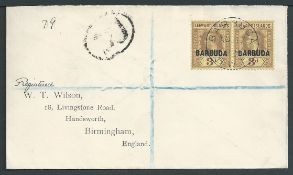 Barbuda 1922 Registered Cover to England, bearing first issue 3d pair