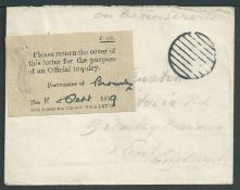 G.B. - World War One/Kent 1919 Stampless Envelope endorsed 