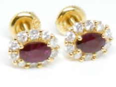 18K Gold Ruby & Diamond Hallmarked Cluster Earrings