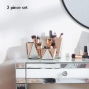 (HZ88) Set of 3 Mirrored Makeup Storage Organiser Pots – Silver & Rose Gold Cosmetic Brush H...