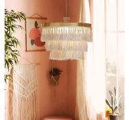 (HZ142) Fringing Ceiling Light. Features a brass top with contrasting neutral fringing; the per...