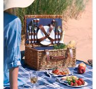 (HZ108) 4 Person Navy Wicker Hamper Cutlery, plates, wine goblets, napkins, bottle opener, cho...