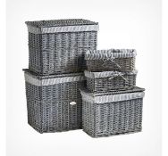 (HZ149) Grey Wicker Basket Set Comprises 3 storage trunks and 2 baskets 100% natural wicker w...