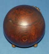 Art Deco Tobacco Jar Round Spherical Wooden in the Shape of Bowls Ball With Brass Feet
