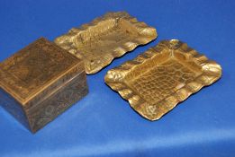 2 x J.S & S Joseph Sankey Snake skin effect brass ashtrays with ornate brass box.