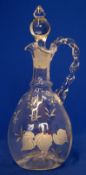 Victorian Claret Decanter with Twisted Handle Hand Enamel Painted Hand Blown With Original Stopper.